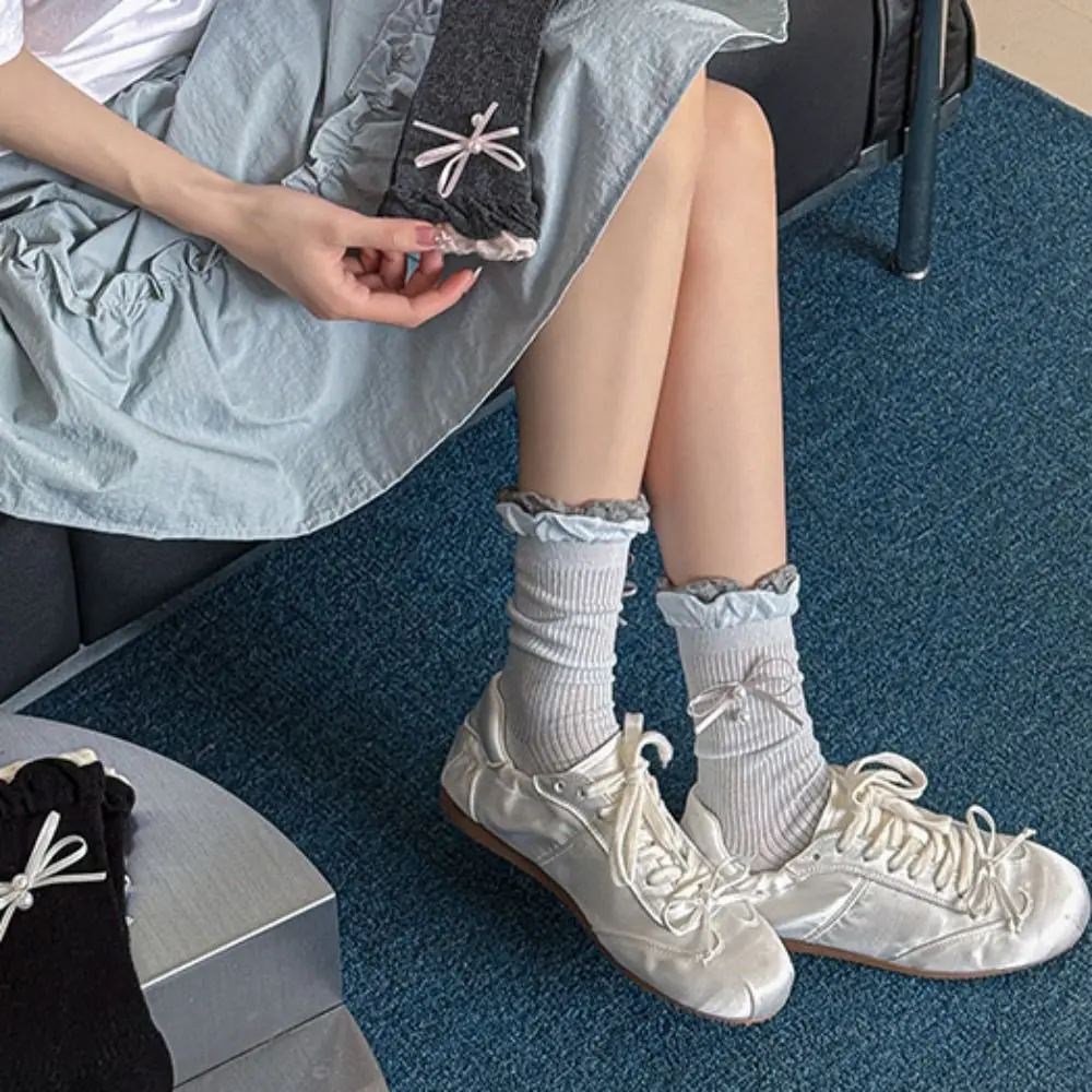 

5 пар мягких носков с рюшами и бантом и жемчугом, стильные дышащие носки средней длины, тонкие милые носки в стиле Лолиты, женские женские носки