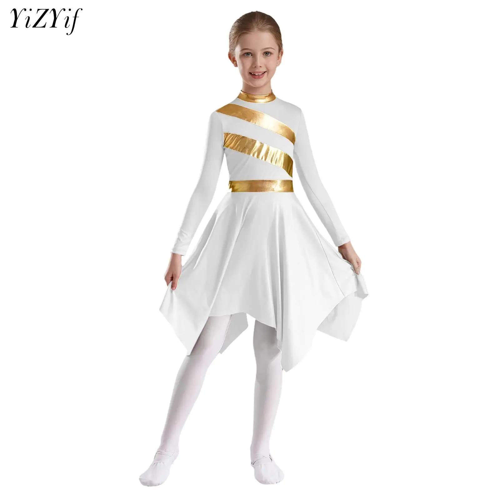 Kids Girl Lyrical Praise Dance Dress Metallic Long Sleeve Irregular Hem Dress Dancewear Worship Church Choir Performance Costume