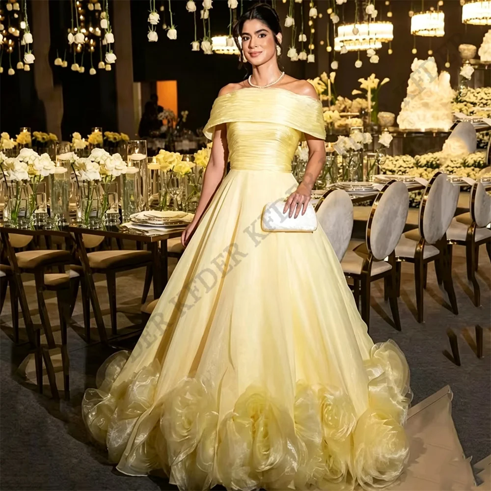 Gold Queen Princess Off Shoulder Tulle Evening Dress Satin Big Floral Floor Length Formal Gown For Wedding Guest Dresses