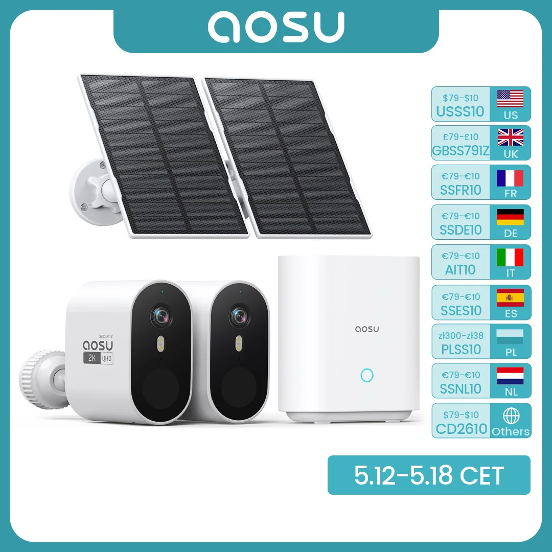 AOSU 3MP WiFi Solarkamerasystem 2 Cam Kit Eingebauter Akku Outdoor Wireless Farbnachtsicht