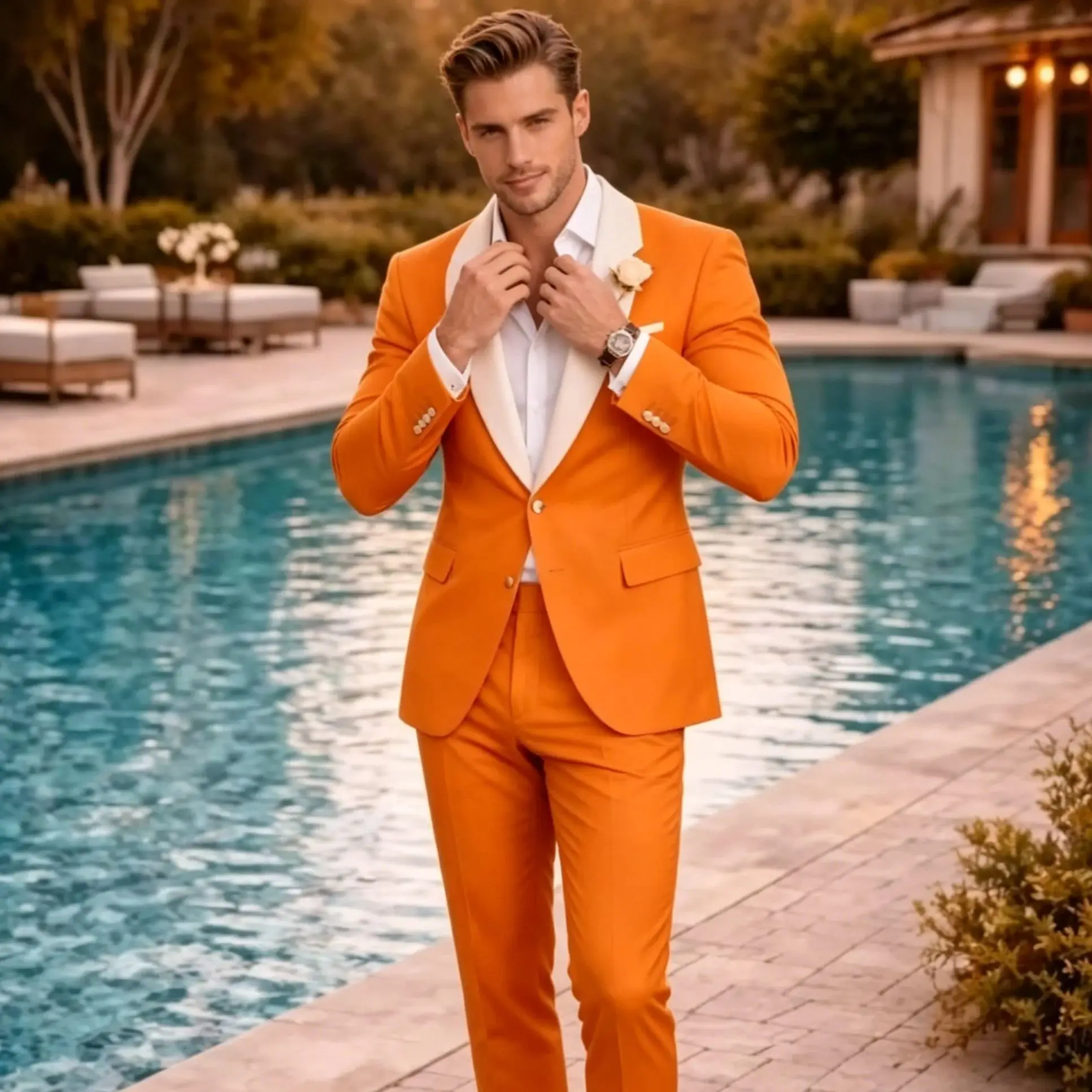 

New White Lapel Orange Business Men Suit Wedding Party Prom Groom Groomsman Formal Occasions Tuxedos 2 Piece Set Blazer Pants