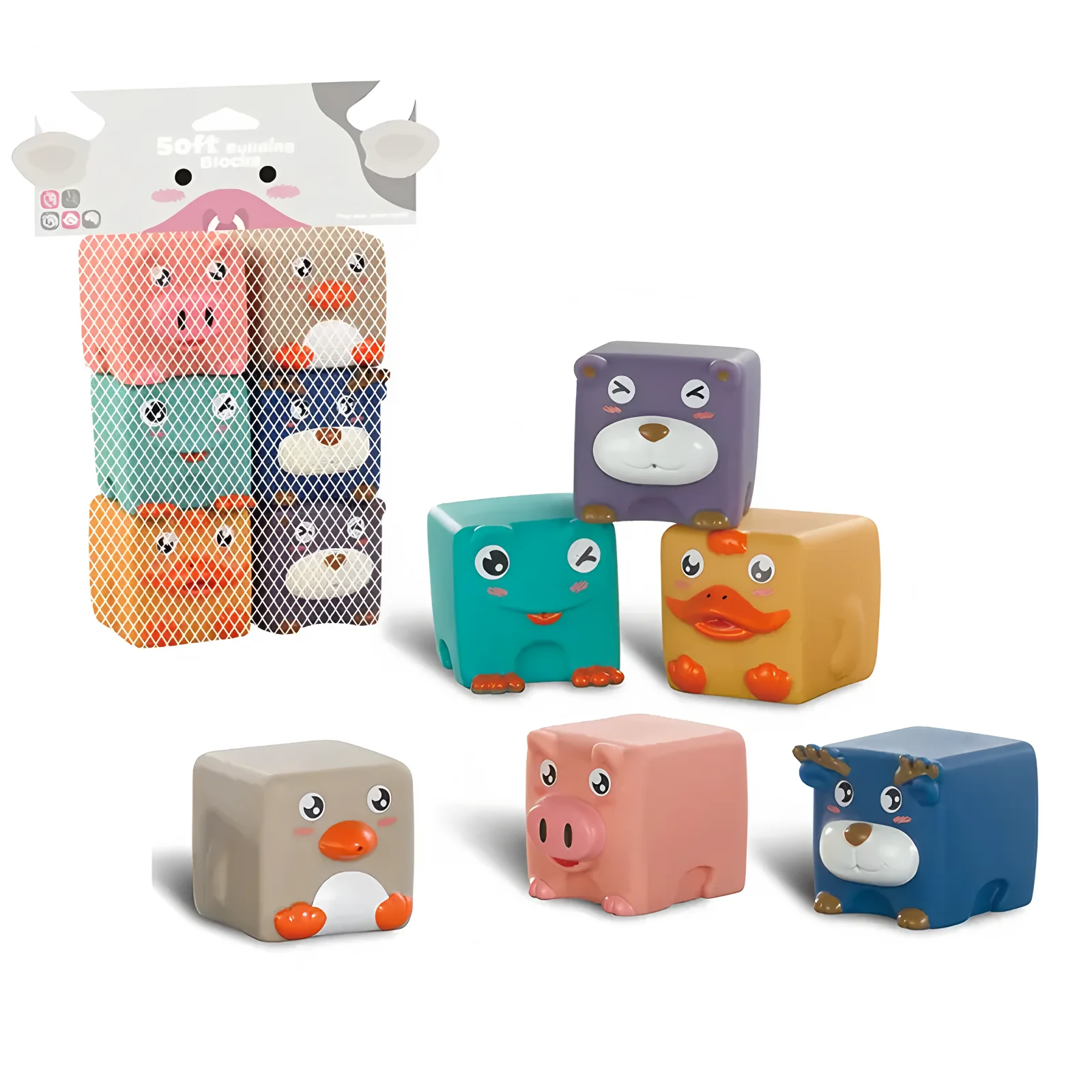 Baby Soft Building Blocks Non-Toxic 6PCs 3D Stacking Cube Toys for Infants, Early Educational Animal Toys with Sensory Textures