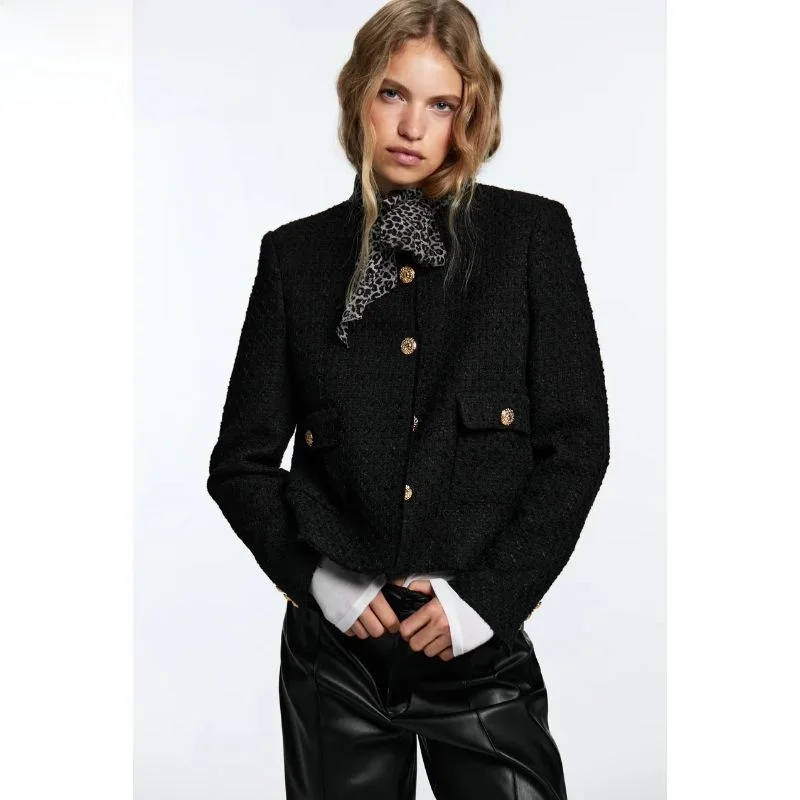 

Spring Autumn New Women's ort Texture Suit Jaet Loose Fit Long Sve round Ne Button Closure Pure Color Outerwear