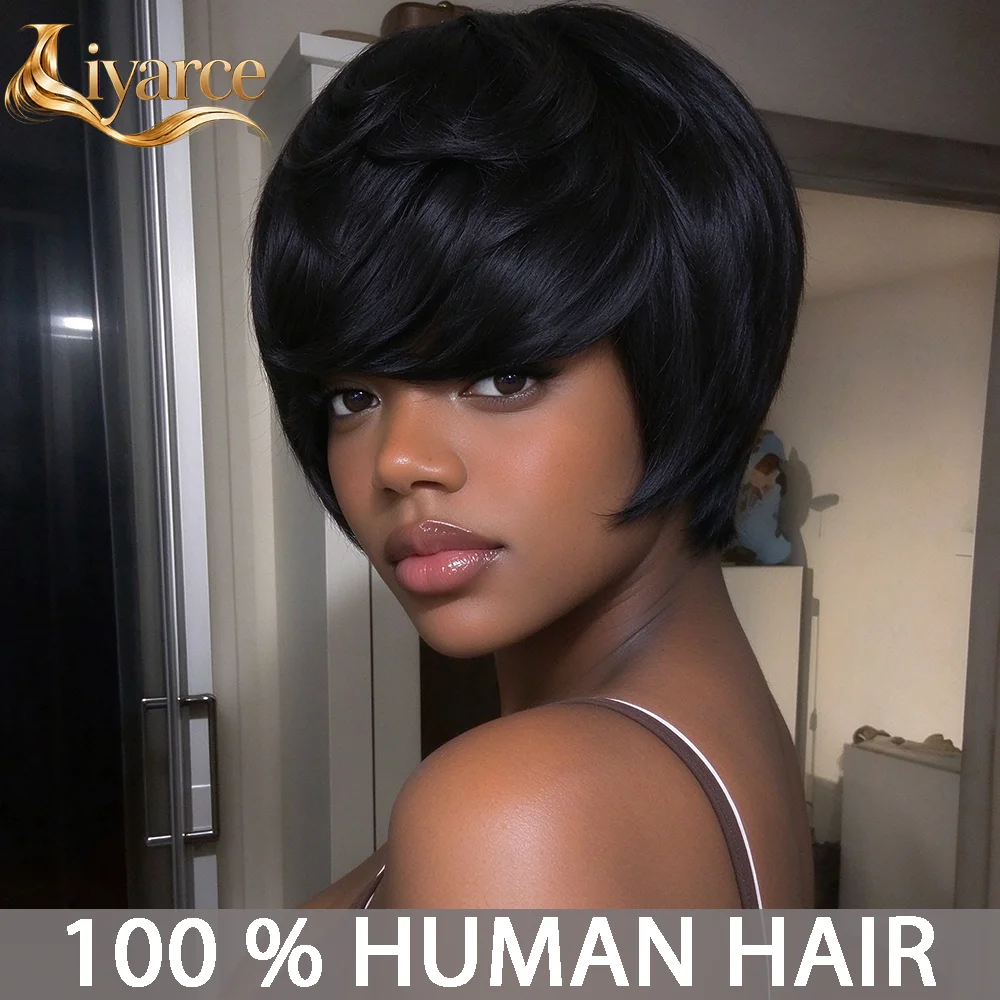 Black Short Straight Human Hair Wig Pixie Cut Wig with Pre Plucked Bangs for Women Layered Bazilian Hair Machine Made Cap