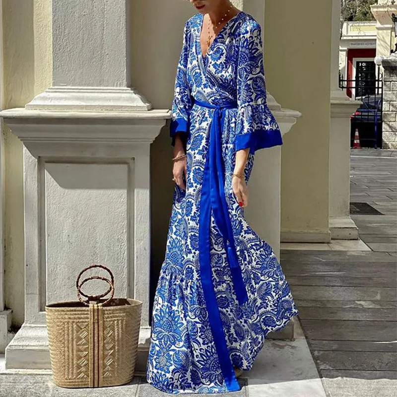 2024 Spring/Summer New Women's Fashion Style Horn Sleeve V-neck Printed Bohemian Medium length Dress for Women