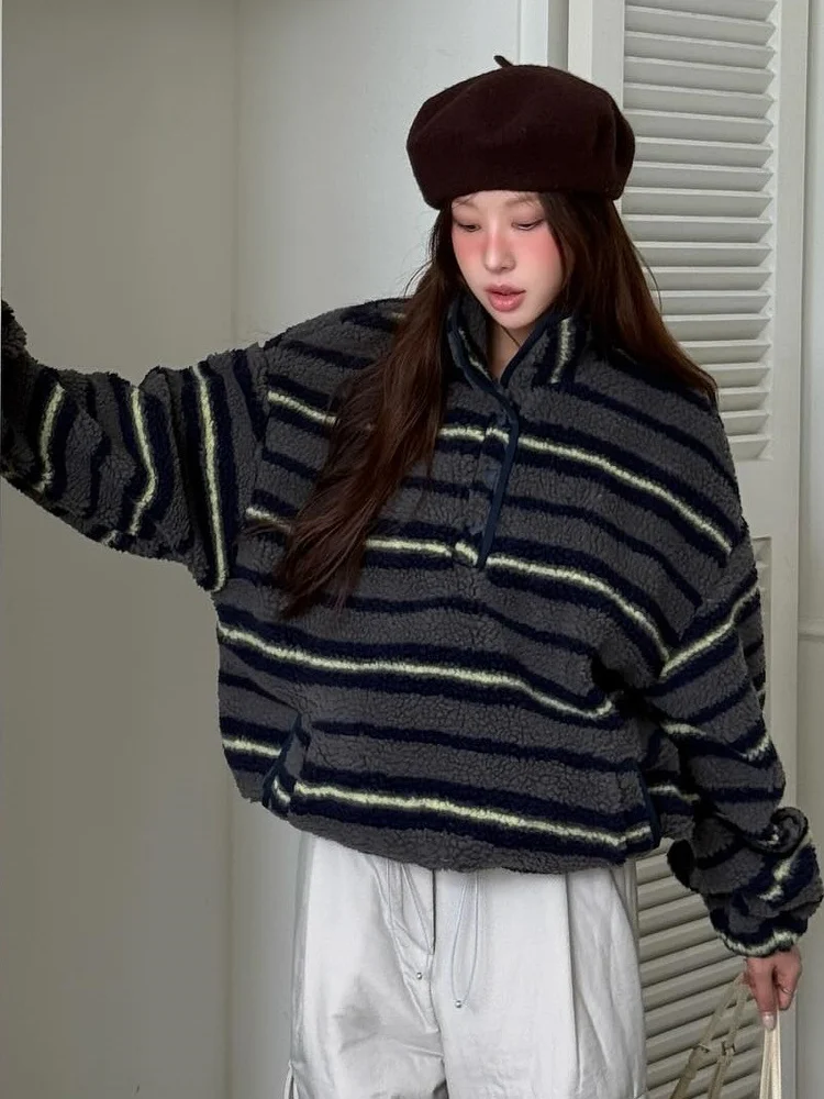 الرجعية كسول Sle فضفاض عارضة مخطط f سستة فرو الضأن البلوز ملابس خارجية تصميم تخفيف طويل Sve شريط نمط #4