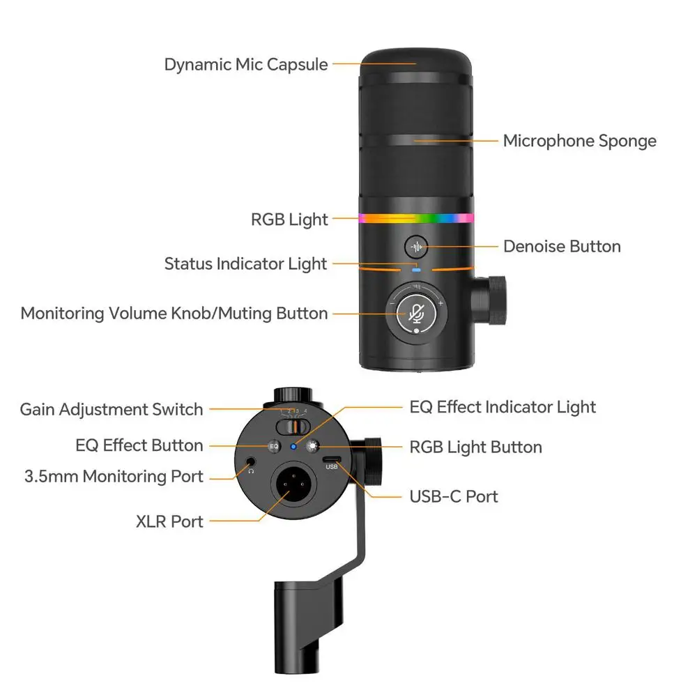 ميكروفون ألعاب Comica EJoy D10 USB ميكروفون ديناميكي RGB مع خاصية إلغاء الضوضاء، XLR/USB-C، ميكروفون استوديو احترافي للألعاب #6