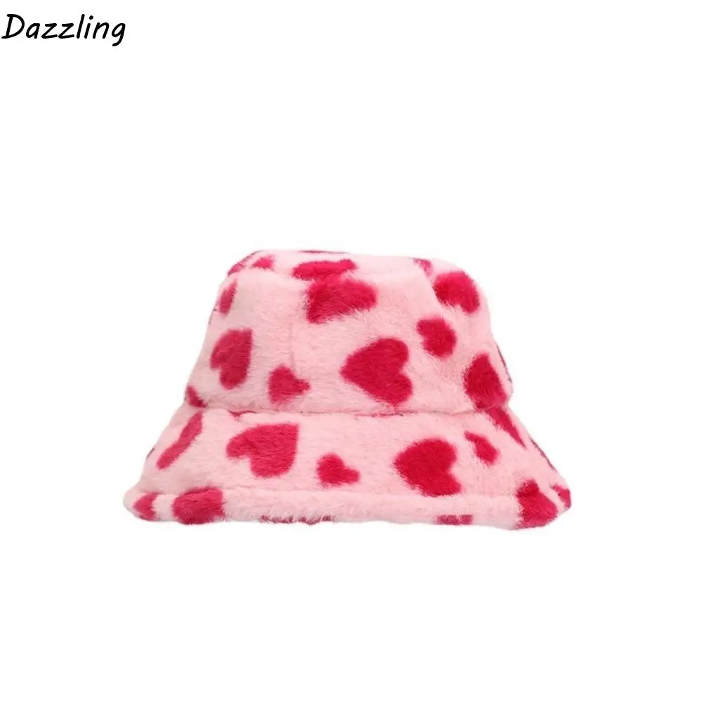 

Retro Faux Fur Plush Fisherman Hat Thicken Warm Love Heart Bucket Hat Korean Style Wide Brim Winter Plush Hat Ladies