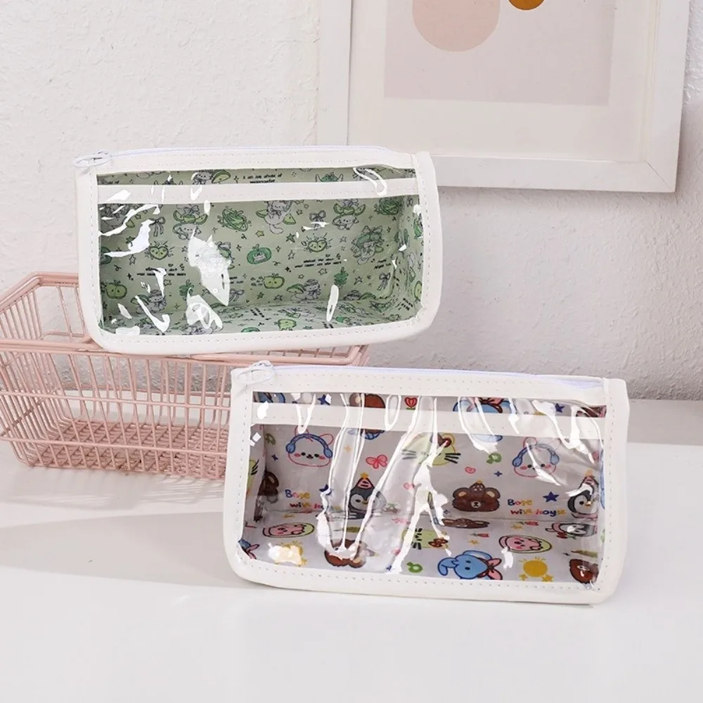 Durable Large Capacity Transparent Pencil Case Multifunctional Zipper Stationery Pouch Clear PVC Cartoon Print Pen Bag