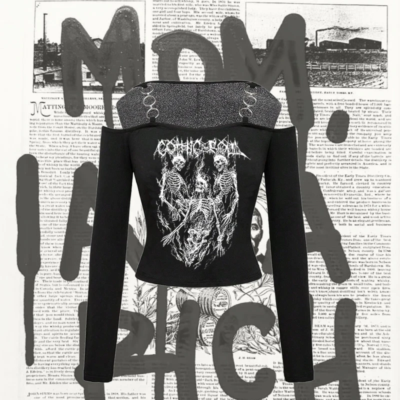 

Summer Women's Goth Y2k Street Fashion Peplum Top Vintage Hand-painted Pattern Long Sleeve Hooded Wrap T-Shirt Clothing