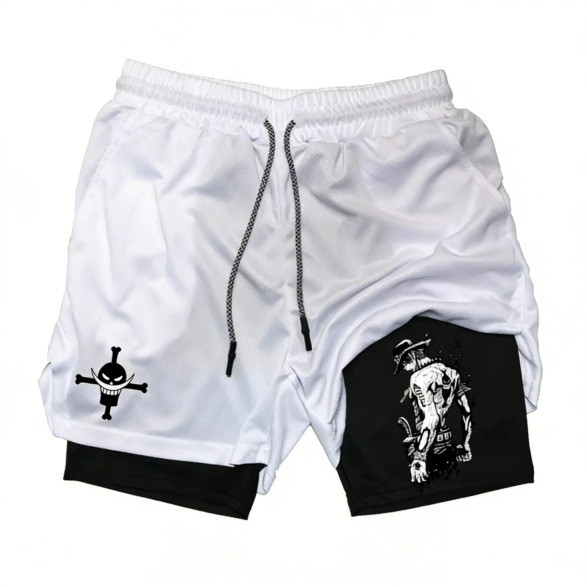 Anime One Piece Men's Shorts Quick-dry Double Layer 2-in-1 Pants Workout Training Fitness Sports Gym Shorts Summer Y2k Clothes
