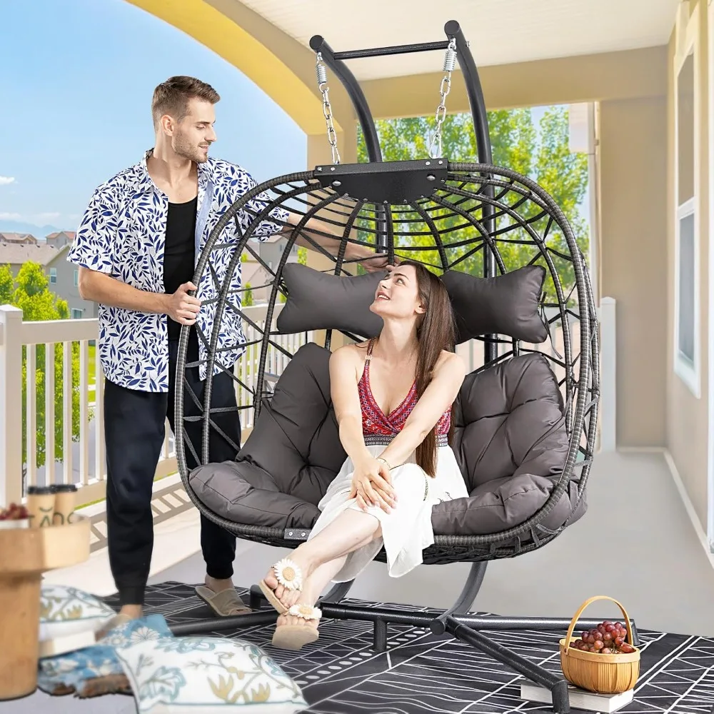 Double Egg Chair with Stand Indoor Outdoor 2 Person Large Wicker Hanging Swing Chair Oversized Twins Patio 2 Seat