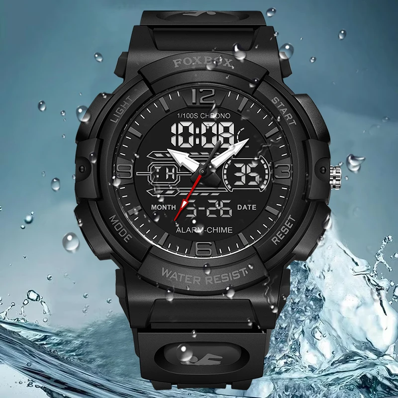 Novo foxbox relógio eletrônico masculino moda à prova dwaterproof água luminosa quartzo alarme semana casual esporte data automática duplo display digital relógios