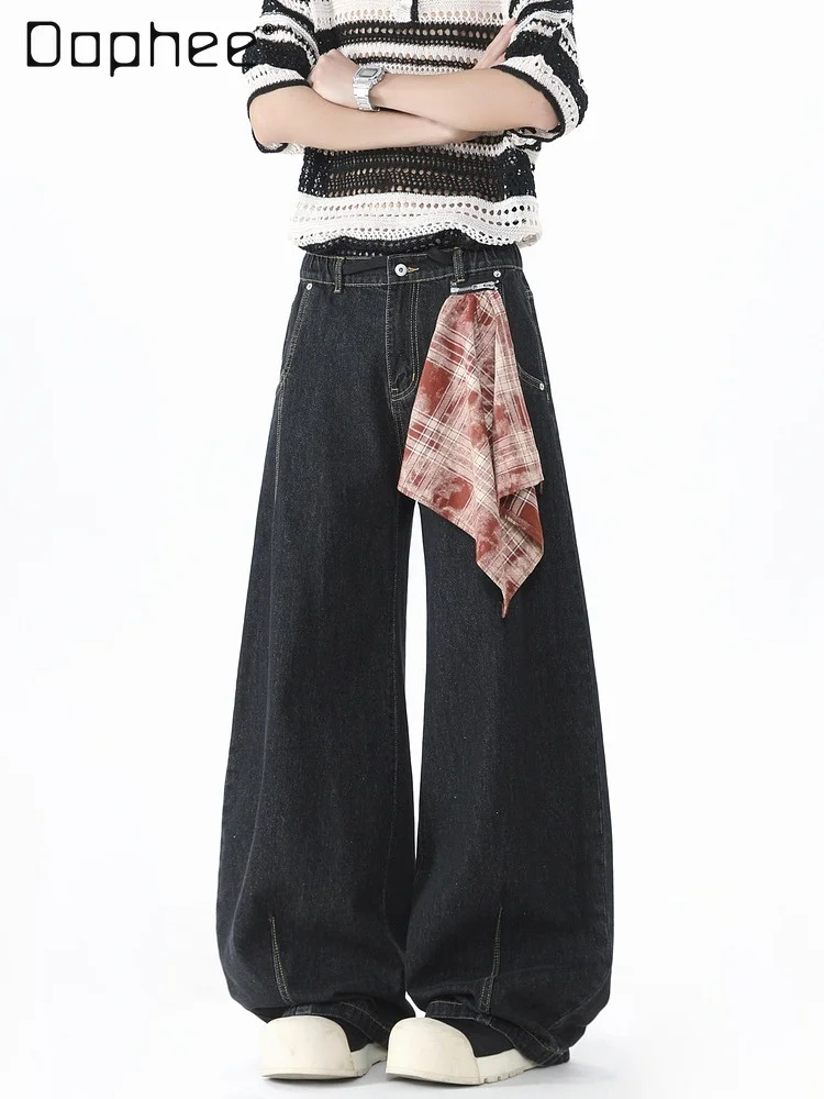 

2025 Spring and Autumn New American Retro Plaid Scarf Black Jeans Men's Loose High Waist Wide Leg Straight Long Pants