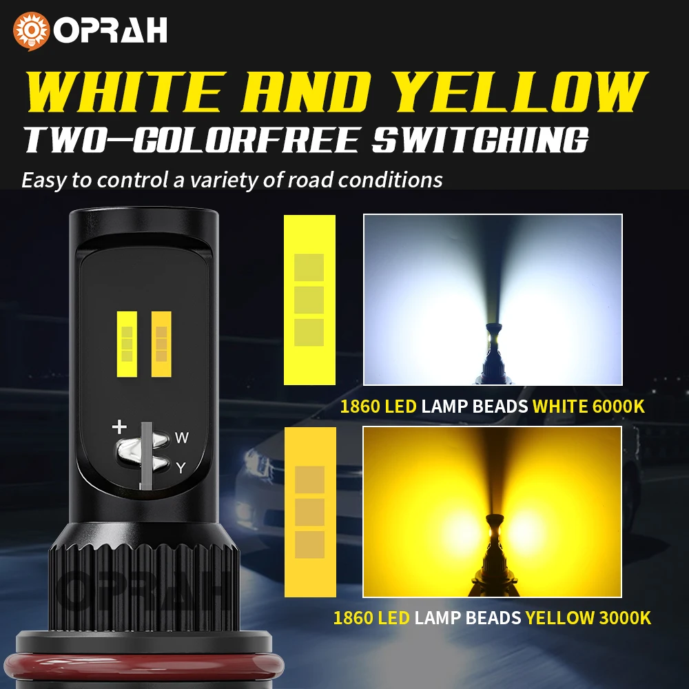 Oprah 1x Canbus 3600Lm H7 H11 9005 HB3 9006 HB4 LED Bulb Car Driving Lamp Fog Light Dual Color White Amber Highlight No error