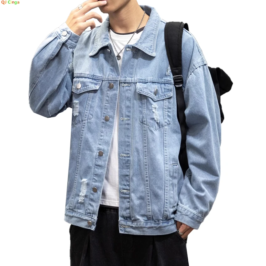 Light Blue Men Denim Jacket, Single Breasted Lapel Casual Coat, Washed Hole Decoration Top,Black,Gray Male Jackets,M-4XL,5XL