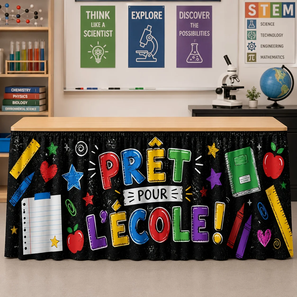 Party table skirt, 1-piece set, colorful campus theme table skirt print, including the French textbook for the new termzyc