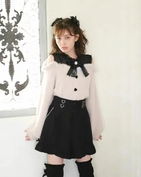 

Women Sweater Japanese Mass Production Fall Winter Woolen Off Shoulder Lace Bow Short Sweater Soft Furry Knitted Pullover