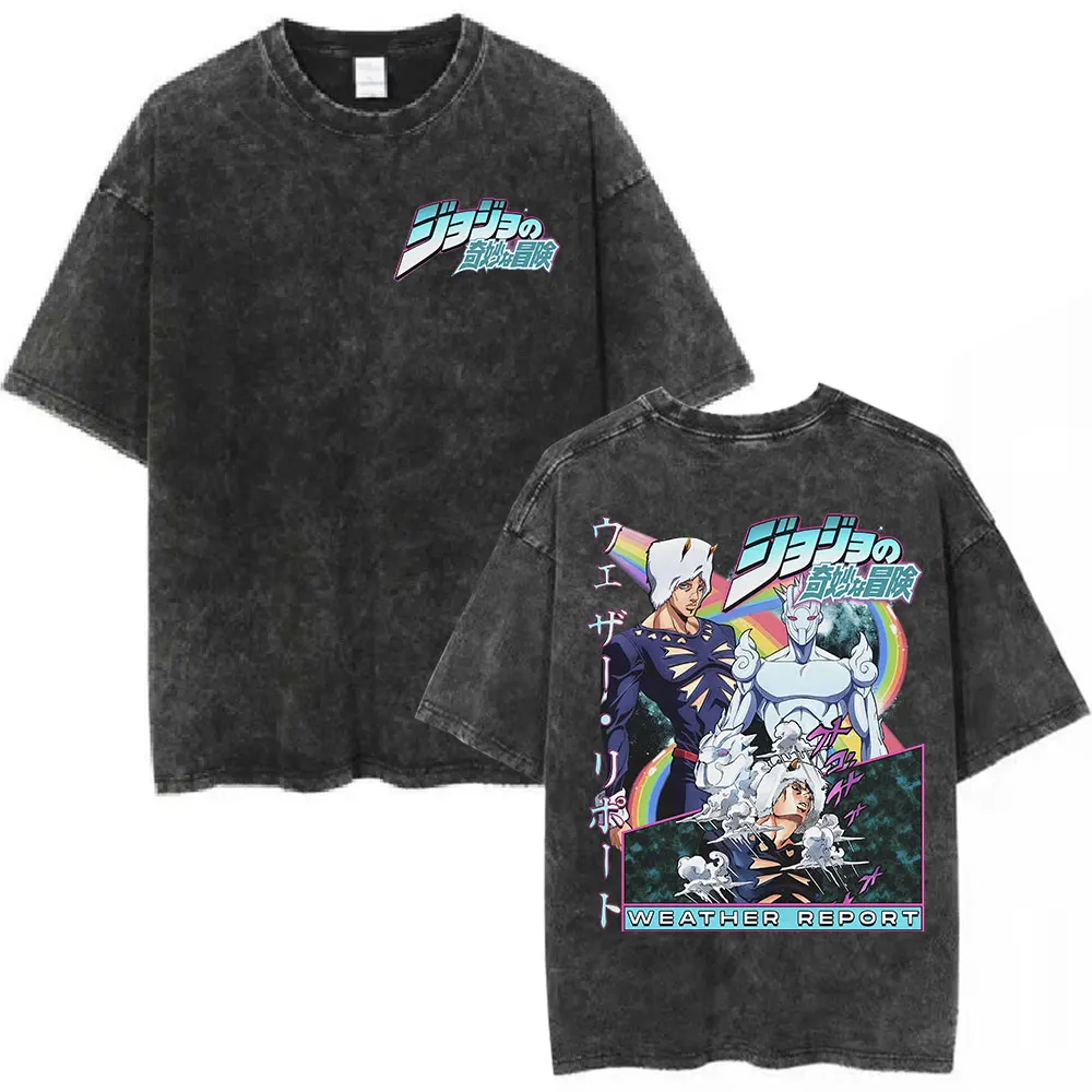

Anime JoJo Bizarre Adventure Vintage Washed T-shirt Weather Report Graphic T-shirts Men Women Fashion Casual Short Sleeve Tshirt