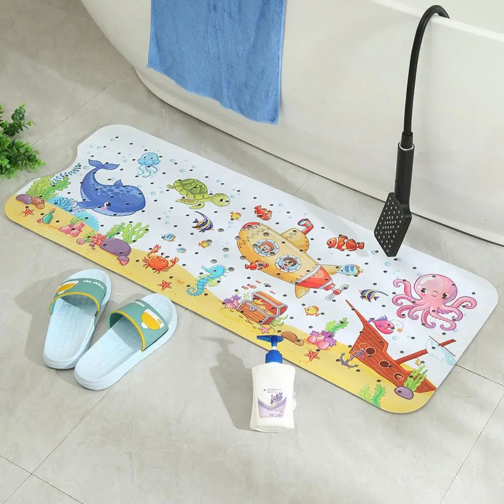 Children Shower Mat with Drainage Holes Anti-slip Toddler Bath Mat Fun Cartoon Printed Bathtub Mat with Strong for Children\'s