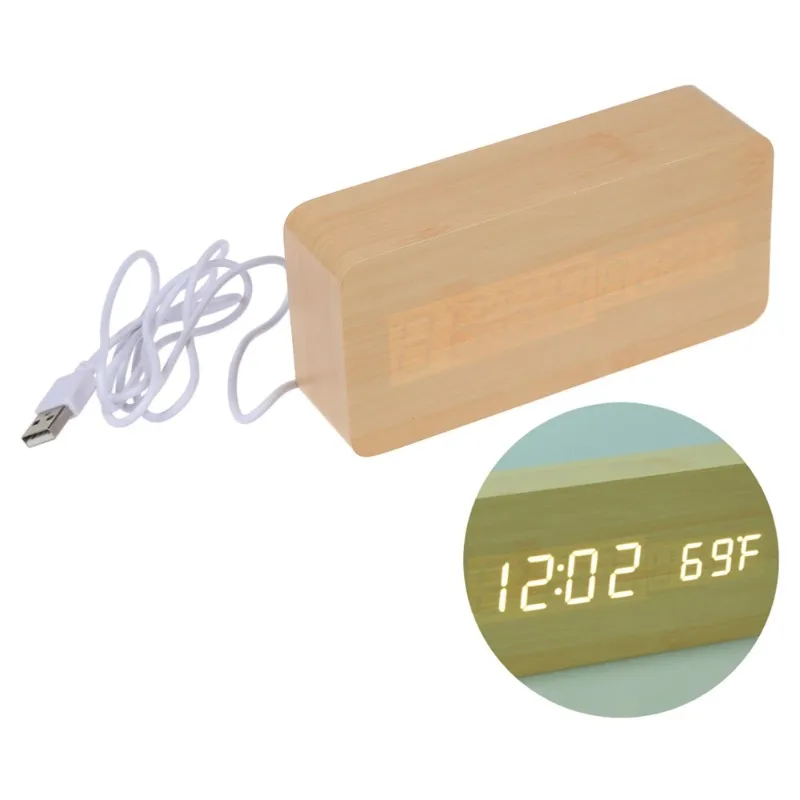 Multicolor Sound Control Wooden LED Alarm Clock Square Digital Thermometer USB/AAA Powered Desktop Table with Date Display
