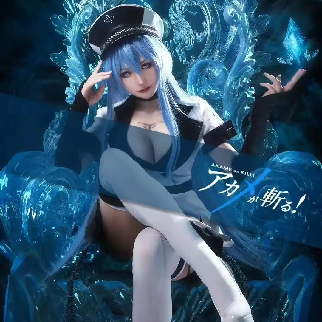 Disfraz de Cosplay de Anime Akame Ga KILL Esdeath, Peluca, Sombrero, Trajes de Esdese Akame Ga Kill, Uniforme, Disfraces de Halloween para Mujeres Adultas