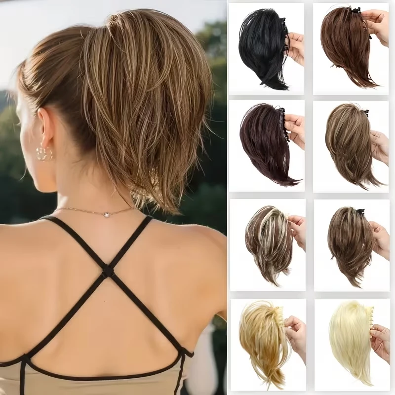 Synthetic Short Straight Ponytail Hair Extension Messy Bun Hair Piece Claw Clip Hairpiece for Women Daily Use