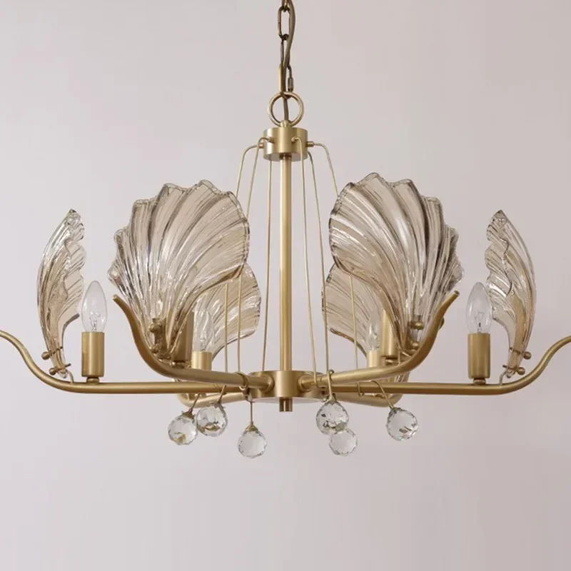 Nordic LED Copper Crystal Glass Ceiling Light Pendant Lamp Shell Chandelier for Villa Dining Room Living Room Bedroom