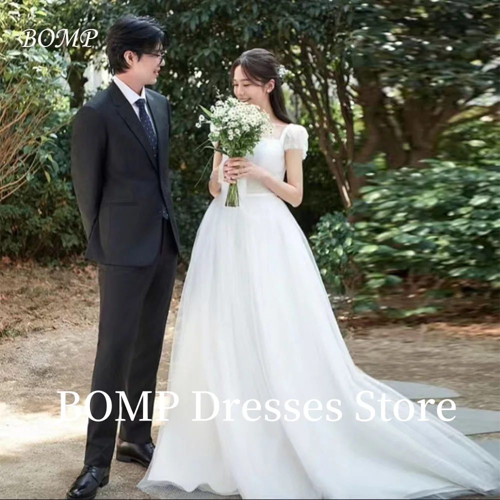 BOMP فستان زفاف الأميرة قصير الأكمام نفخة تول الاجتياح رايات قطار كوريا صورة تبادل لاطلاق النار ثوب استقبال الزفاف مخصص #3