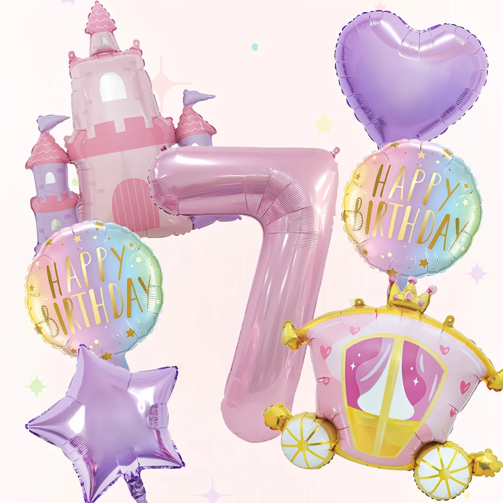 7-teiliges Prinzessinnen-Themen-Set mit Schloss und Kutsche, Aluminiumfolienballons für Geburtstagspartys und Babypartys, Luftballons und Dekorationszubehör – Detail 9