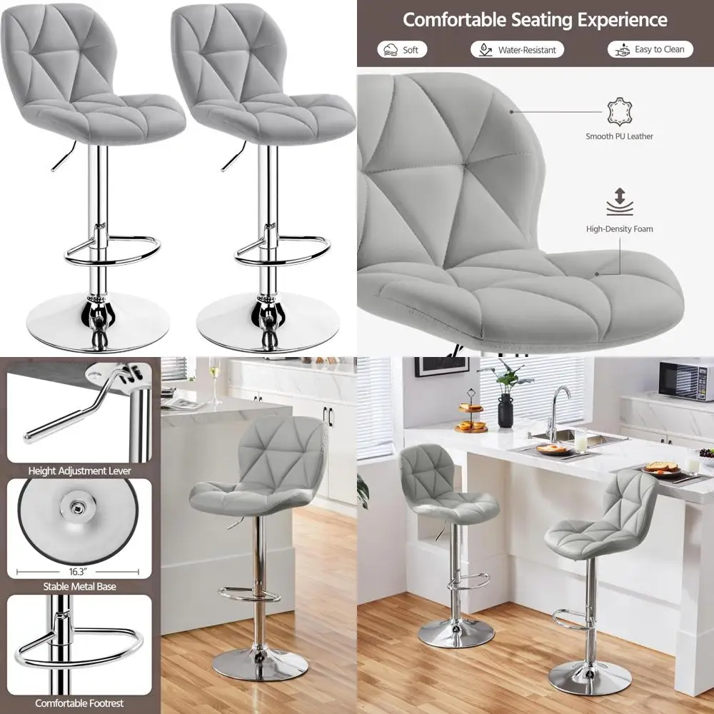 Zestaw 2 wyściełanych skórzanych stołków barowych, obrotowe krzesła z regulowaną wysokością i oparciem, idealne do wyspy kuchennej i na bar.