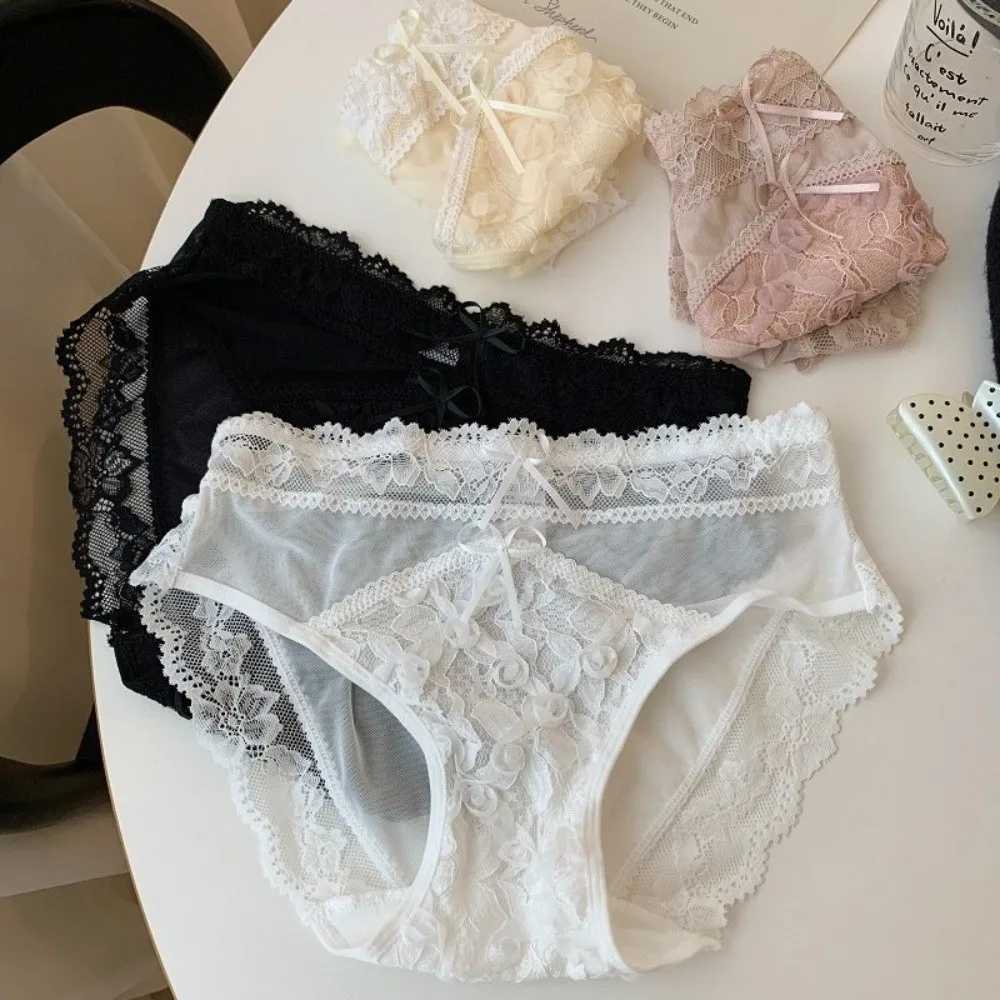 Fashion Bow Lace Flower Panties Seamless Patchwork Lace Mesh Briefs Transparent Low Waist Women Underwear Lady