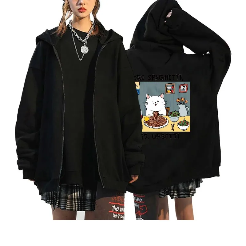 

Men's Hooded Jacket Black Cat Eating Pizza Print Casual Streetwear for Daily Wear and Outdoor Activities