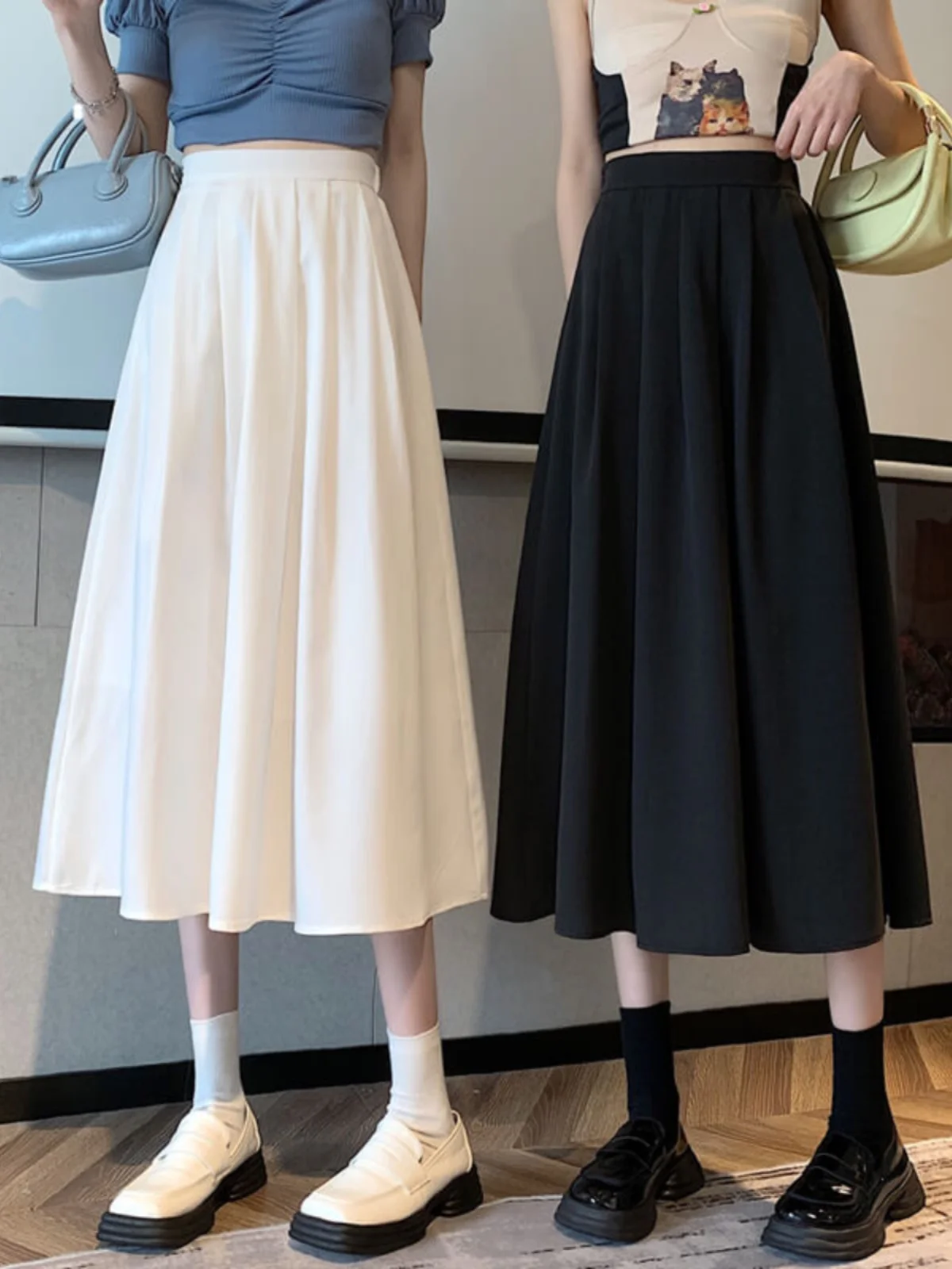 

White Slimming A-Line Midi Skirt High Waist Pure Color Long Skirts Women's Summer New Sle Commute Korean Version f-lengt...