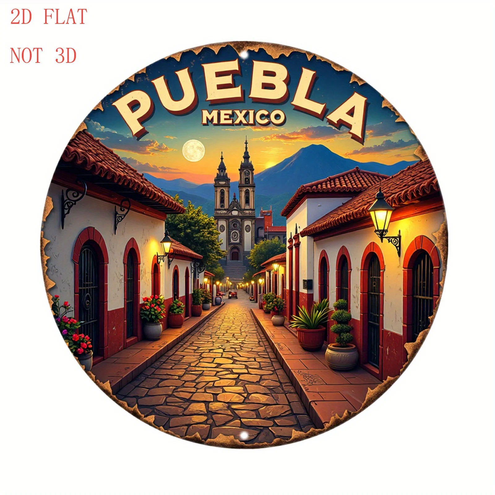 Letrero Redondo de Aluminio 2D para Pared, 8 Pulgadas, Vista de Calle de Puebla, México con Iglesia y Faroles, Estilo Rústico para Puerta Principal