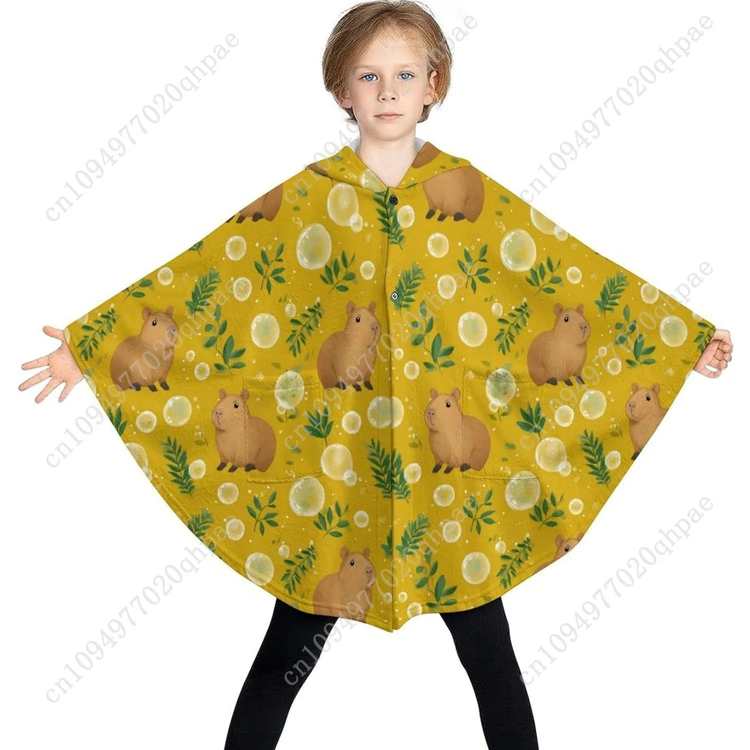 سترة بطانية مريحة من الفلانيل، سترة بغطاء للرأس كبيرة الحجم من كابيبارا اللطيفة مع جيوب للأطفال والمراهقين #3