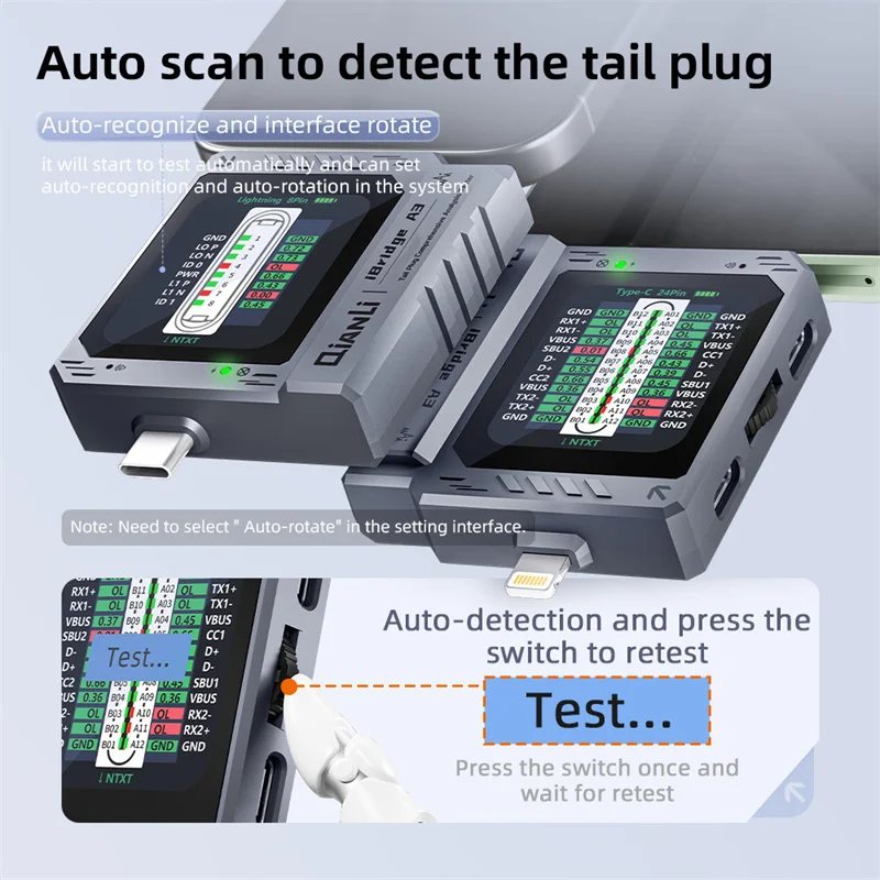 QIANLI iBridge A3 Tail Plug Detector for Mobile Phone Maintenance Support Lightning and Type-C Current Voltage Detection Tool