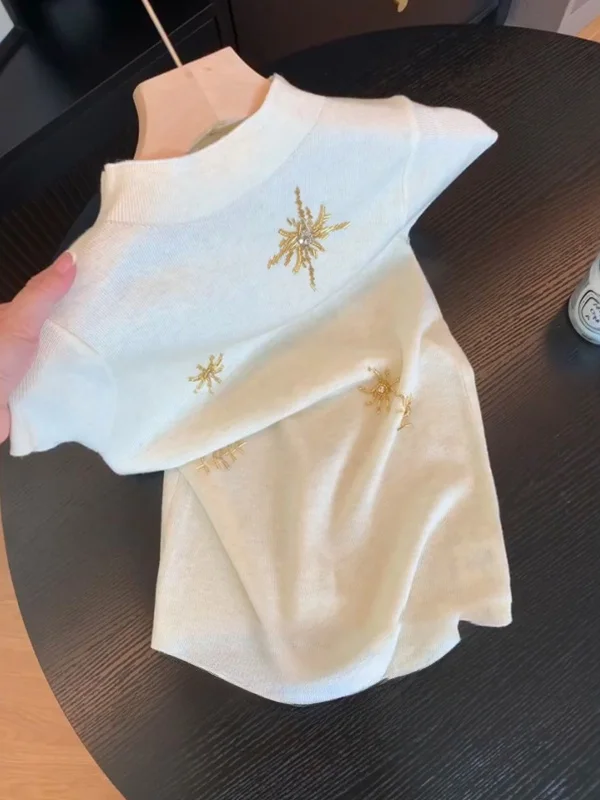 

Женский вязаный свитер с жемчужной отделкой, полувысоким воротником, облегающий, для ношения под одеждой, мягкий, средней плотности, с коротким рукавом, летний