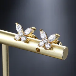 Gold Color Butterfly Stud Earrings For Women Korean Dainty Cubic Zirconia Piercing Lobe Ear Accessories Girls Jewelry Gifts E404