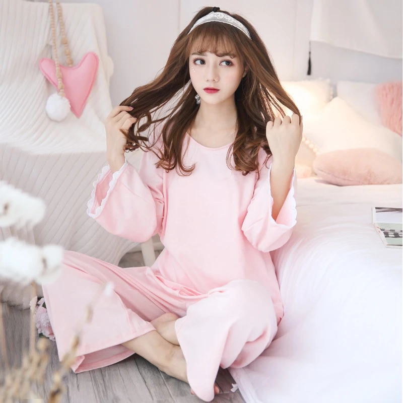 

Женский пижамный комплект в милом стиле, розовый топ с длинными рукавами и брюки с декором в виде банта, мягкий на ощупь, идеально подходит для сна для молодых девушек, домашняя одежда