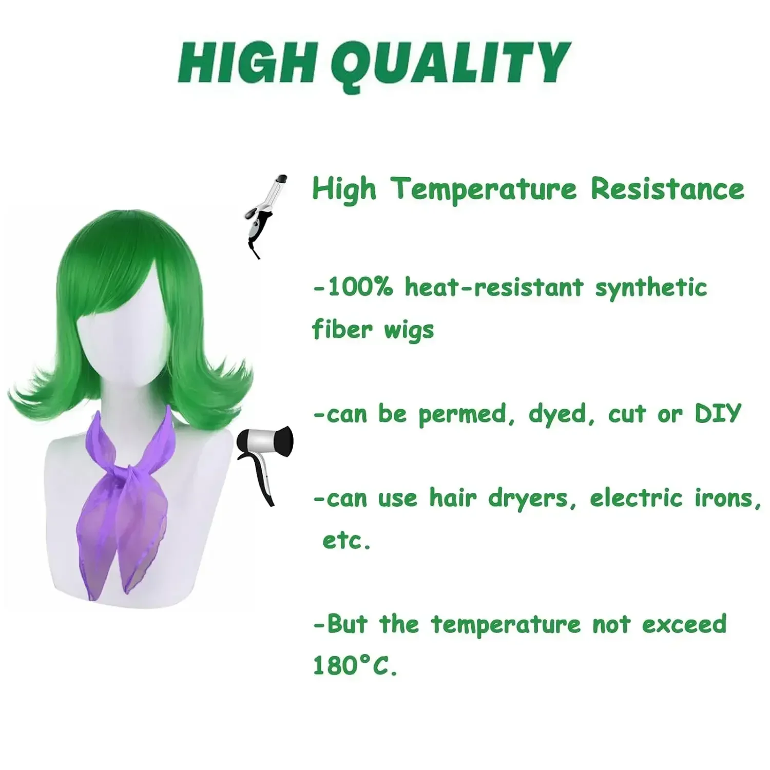 Peruka do cosplayu z filmu Wewnętrzki świat 2 - Obrzydzenie, zielona, krótka, kręcona, odporna na ciepło, syntetyczna peruka na Halloween.