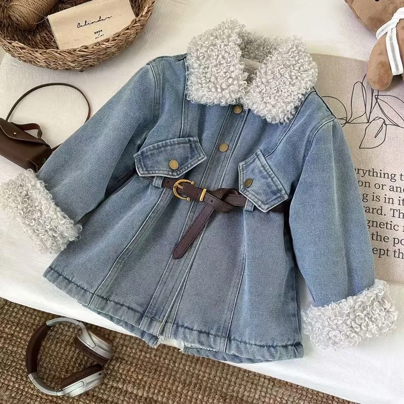 2025 Winter New Korean Version Of Girls Blue Long-sleeved Denim Thickened Dress Baby Style Child Windbreaker 90-140cm