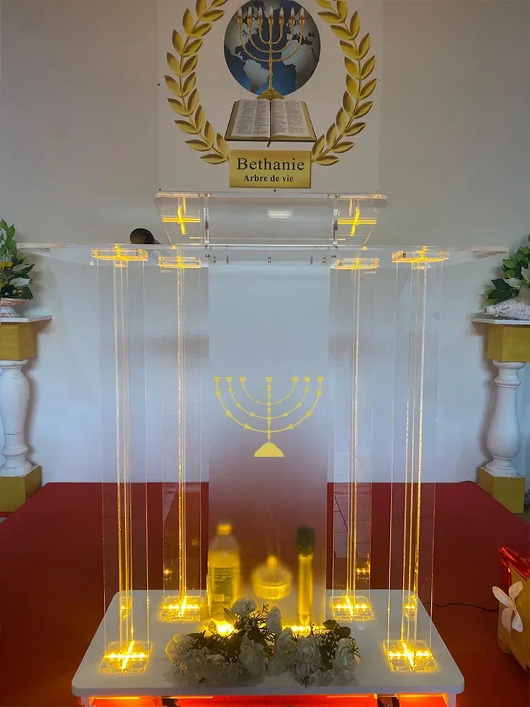 Custom European crystal chanting platform, cross lectern table, oath stand, acrylic luminous transparent lectern, lectern