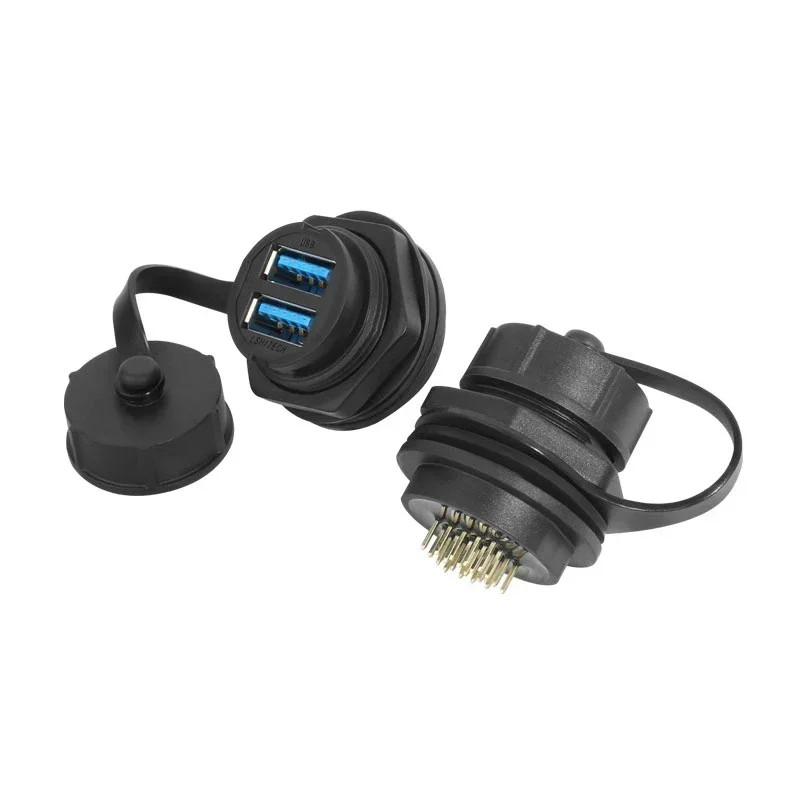 LU25 IP67 Waterproof Double Plug Coupler Female Socket Jack Solder M25 Data Adapter USB2.0 3.0 Panel USB Connector With Dust Cap