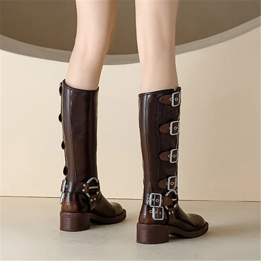 2024 New Women Knee High Boots Buckles Chunky High Heel Western Cowboy Long Botas Mujer Brown Gladiator Rubber Shoes Big Size