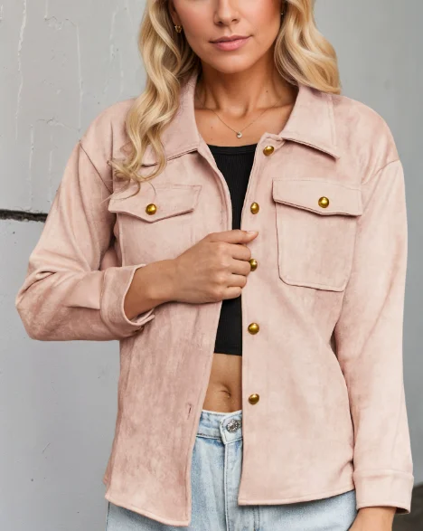 

Solid Color Lapel Deer Skin Simple Button Front Jacket, Autumn and Winter Women's Fashionable Casual Long Sleeved Jacket