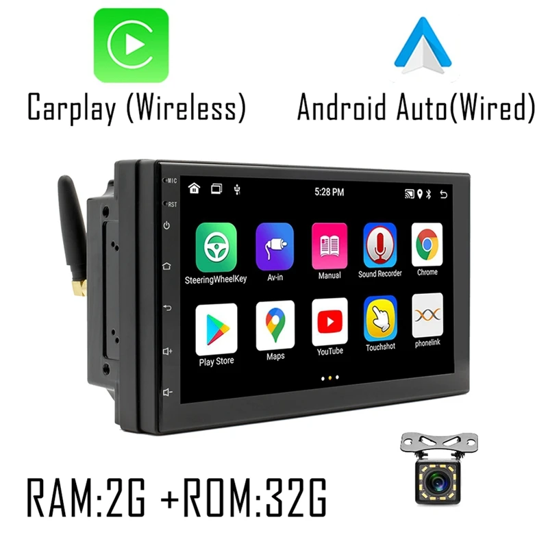 

7 Inch Car Radio Carplay Android Auto, 2+32G Android 10.1 2Din GPS Multimedia Player Bluetooth, FM, Camera, Mirror Link