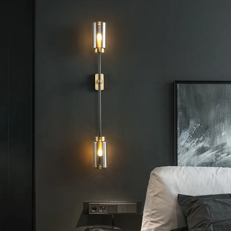 

Luxury wall lamp Hotel Living Room Smokey Gray Glass Lamps Post Modern Indoor Decoration Linear Brass all copper LED Wall Lights