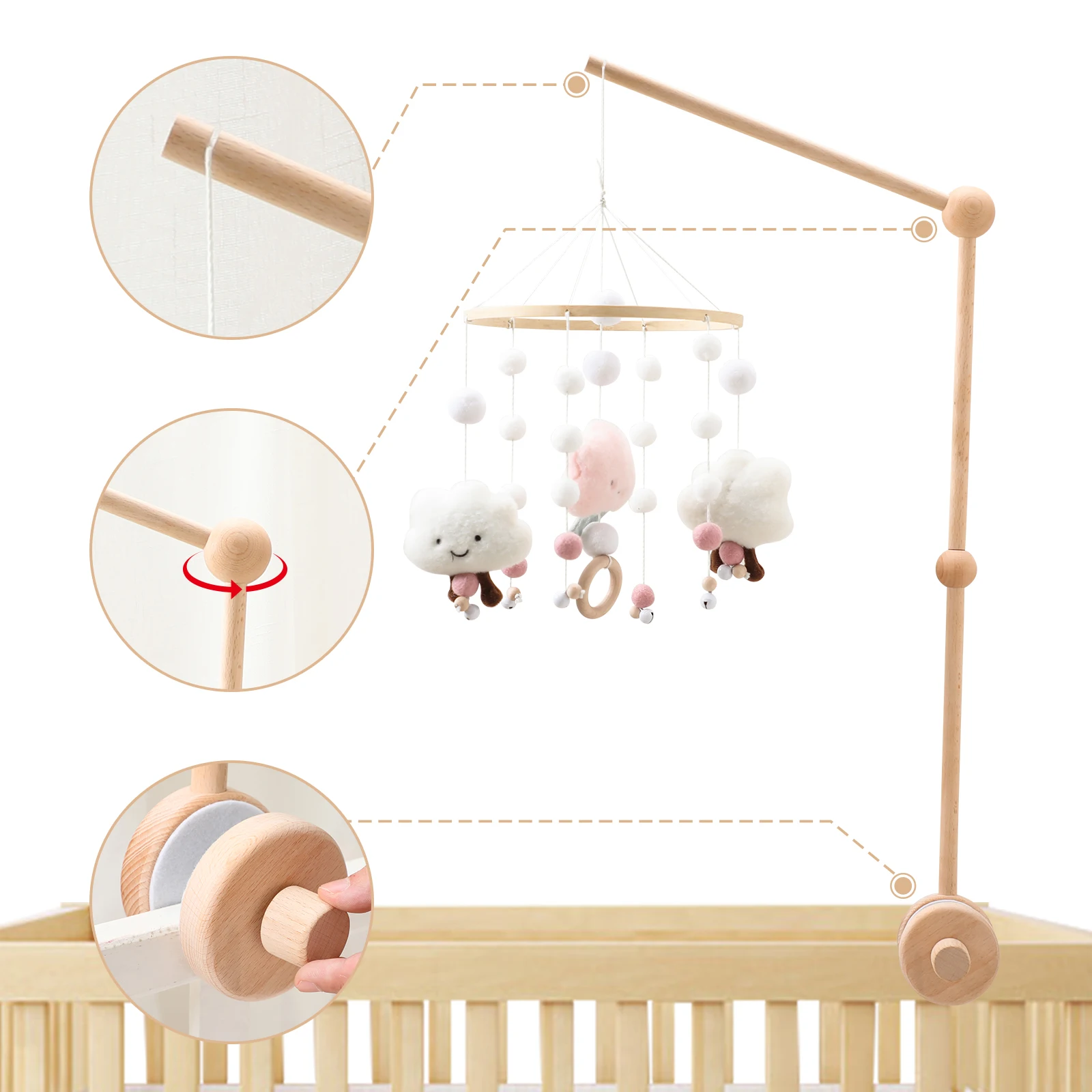 Krippe Mobile Bett Glocke Holz Halterung Baby 0-12 Monate Holz Mobile Hängen Rasseln Spielzeug Halter Dekorative Zubehör arm Halterung – Detail 4