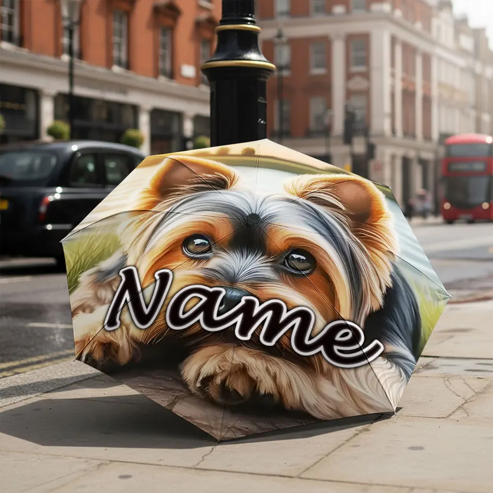 Custom Name Umbrella Yorkshire Terrier Lakeside Sunset Realistic Print Folding Umbrella Portable Travel Parasol For kids